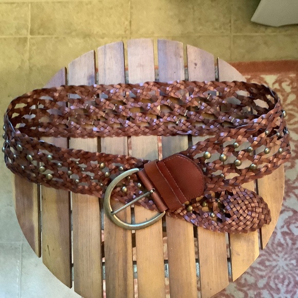 Another Line Inc Leather Wide Woven Braided Studded Belt Chestnut SZ L - Picture 1 of 7
